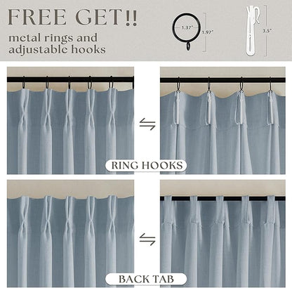 Dusty Blue 80 Inch Pinch Pleated Linen Curtains 2 Panels Set for Living Room Bedroom Boho Farmhouse Light Filtering Semi Sheer Back Tab Pinch Pleat with Hooks Rings Window Curtain 80 Inches Long