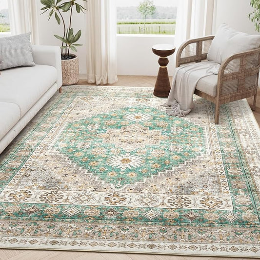 zesthome 5x7 Area Rugs - Ultra-Thin Washble Rug, Stain Resistant Anti Slip Backing Rugs for Living Room,Bedroom, Vintage Home Decor Area Rug (Green/Brown,5'x7')