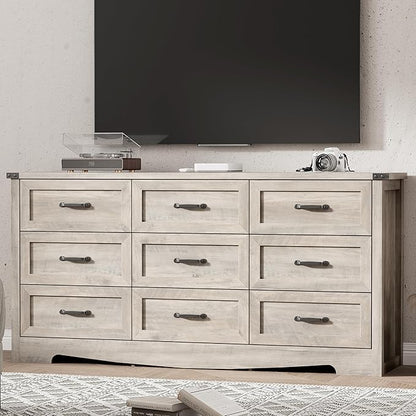 Dresser for Bedroom with 9 Drawers, 63" Wide Wood Chest of Drawers with Deep Drawers & Mental Handle, Modern Dresser TV Stand, Wooden Closet Storage Organizer for Living Room, Hallway, Entryway, Grey
