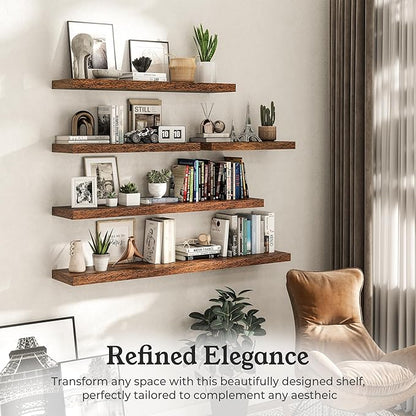 Floating Shelves for Wall, 9.3" Deep Wall Mounted Rustic Wood Shelves for Bathroom, Bedroom, Living Room, Kitchen, Hanging Shelf for Books/Storage/Room Decor (Brown, 30")