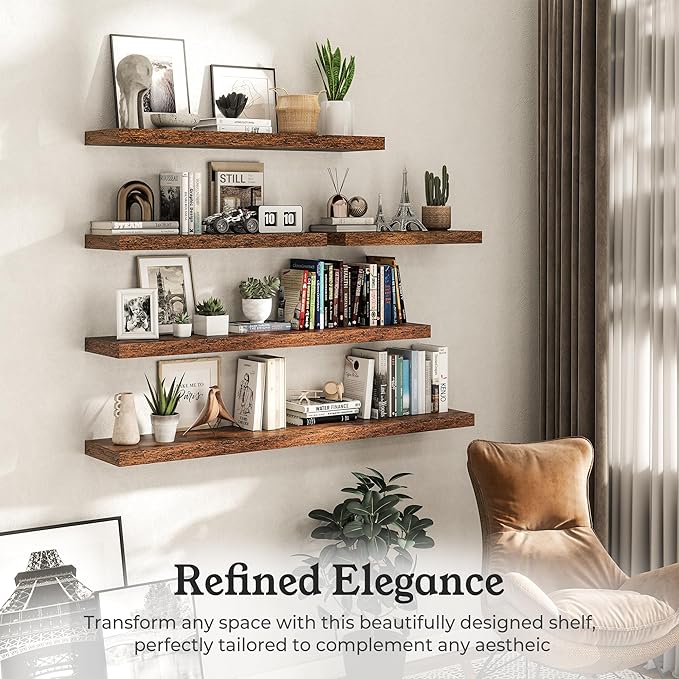 Floating Shelves for Wall, 9.3" Deep Wall Mounted Wood Shelves for Bathroom, Bedroom, Living Room, Kitchen, Hanging Shelf for Books/Storage/Room Decor (Brown, 48")