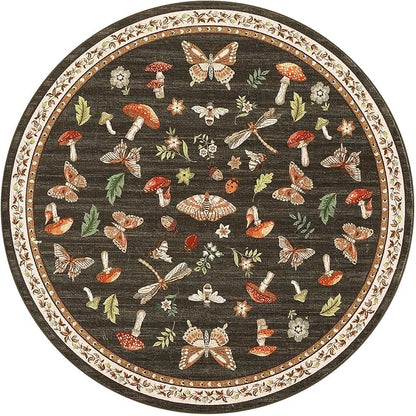 Mushroom Insect 6ft Round Rug Washable Non-Slip Soft Ultra-Thin Boho Circle Carpet for Living Room Bedroom Kitchen Nursery Dining Room Brown