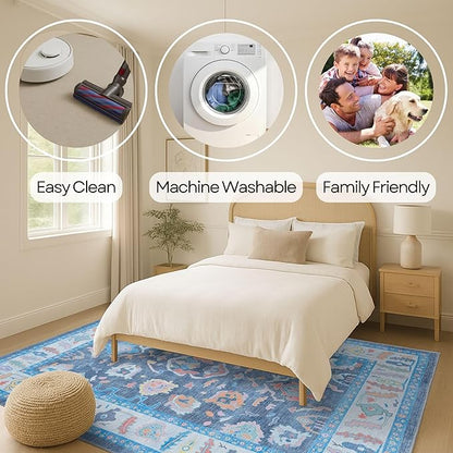 Fame Rugs Blue Modern Oushak Rug 9x12, Vintage Turkish Colorful Oriental Washable Antique Inspired Oversize Area Rugs, Luxury Living Room Bedroom (386PBL, 9' x 12) (387BNB, 9' x 12)