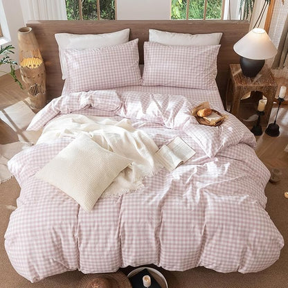 MooMee Gingham Duvet Cover Set 100% Washed Cotton Linen Like Textured Breathable Durable Soft Comfy Modern Checkered Design (Classic Gingham Greyish Pink, King 104"x90")