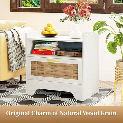 24" Rattan Nightstand Set of 2, White Bedside Table with Semi Open Cubby, Boho Night Stand with Farmhouse Arched Base for Bedroom, Side Table, End Table for Dorm