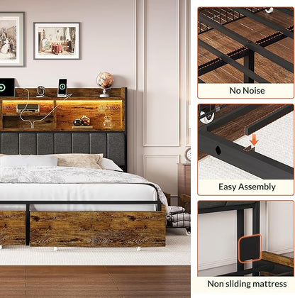 LARMACE King Bed Frame with 6 Storage Drawers, Bed Frame King Size with Linen Upholstered Headboard, Built in Charging Station and LED, No Noise, Metal Support, No Box Spring Needed,Vintage Brown