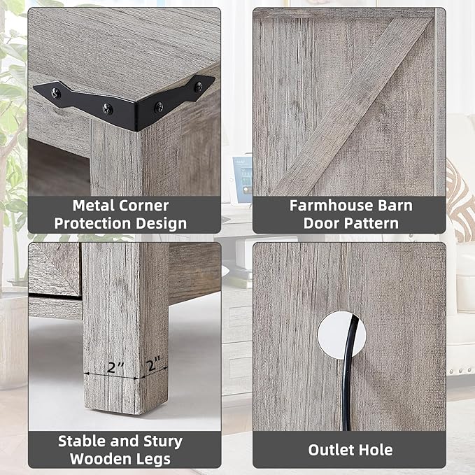 Joaxswe Nightstands Set of 2 with Charging Station, Farmhouse Night Stand with 2 Drawers and Shelf Storage, Wooden Side End Table, Bedside Cabinet for Bedroom, Living Room, Closet,Office (Grey)