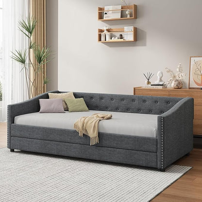 Favfurish Twin Size Daybed with Trundle Upholstered Day Bed Frame with Button Tufted Backrest and Nailhead Decorated Armrest for Living Room Bedroom,No Box Spring Needed,Dark Grey