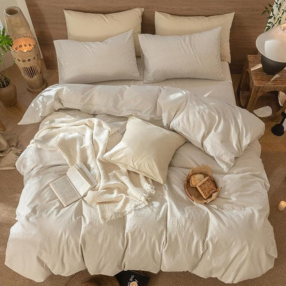 MooMee Striped Duvet Cover Set 100% Washed Cotton Linen Like Textured Breathable Durable Soft Comfy (Tannish Linen Grey White Pinstripes, Oversized Queen 98"x98")