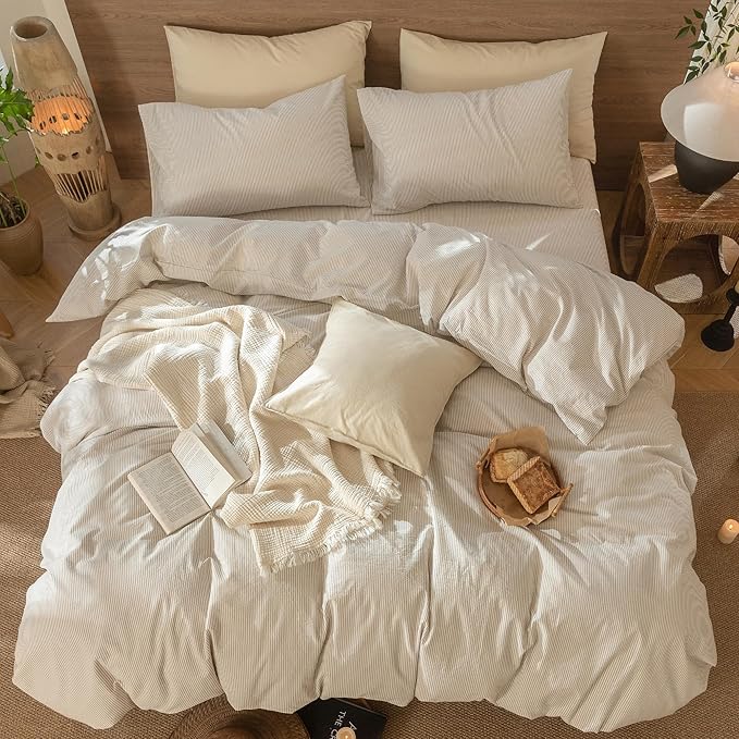 MooMee Striped Duvet Cover Set 100% Washed Cotton Linen Like Textured Breathable Durable Soft Comfy (Tannish Linen Grey White Pinstripes, Super King 108"x98")