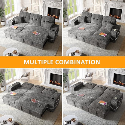 4 in 1 Sleeper Sofa Bed, 90 Inch Pull Out Couch Bed with Adjustable Backrest | Reversible Storage Chaise | Wide Armrest | Tool Free Assembly, Sectional Couches for Living Room, Grey Chenille