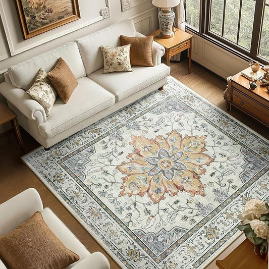 Area Rugs Square 6ft Washable Non-Slip, Floral Vintage Distress Print Pattern Medallion Carpet for Living Room Bedroom Dining Room, Light Yellow Carbon Grey Orange