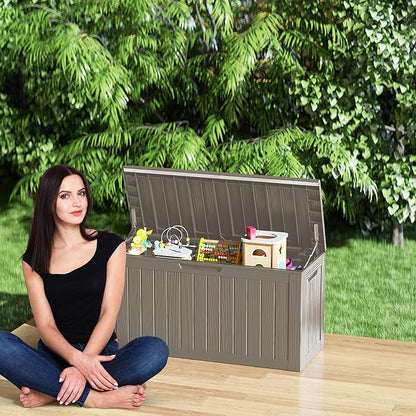 Outdoor Storage Box Waterproof, Lockable Resin 80 Gallon Deck Box Patio Storage Bin for Pool Accessories Cushion Furniture, Garden Tools, UV-Resistant Outside Delivery, Grey