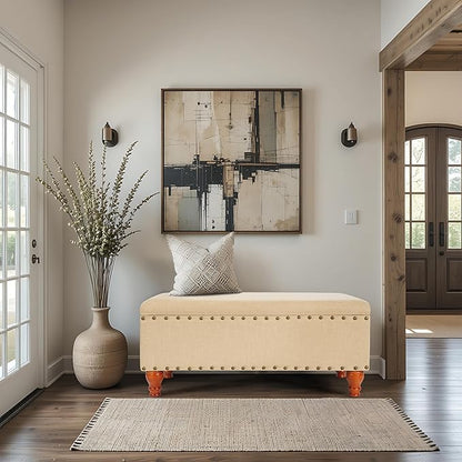 HomePop Large Rectangle Storage Bench with Nail Head Trim - Tan Linen