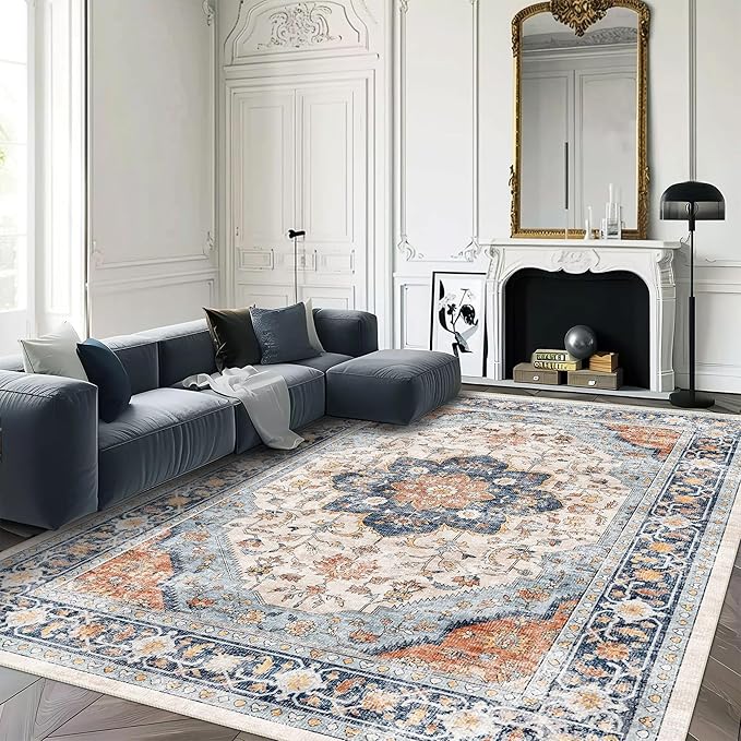 vivorug 5x7 Area Rugs - Boho Ultra-Thin Washable Rug with Non-Slip Backing, Ideal for Living Room, Bedroom, Kitchen Floor Carpet - Vintage Floral, Easy Clean, Durable, Low Pile Orange/Navy