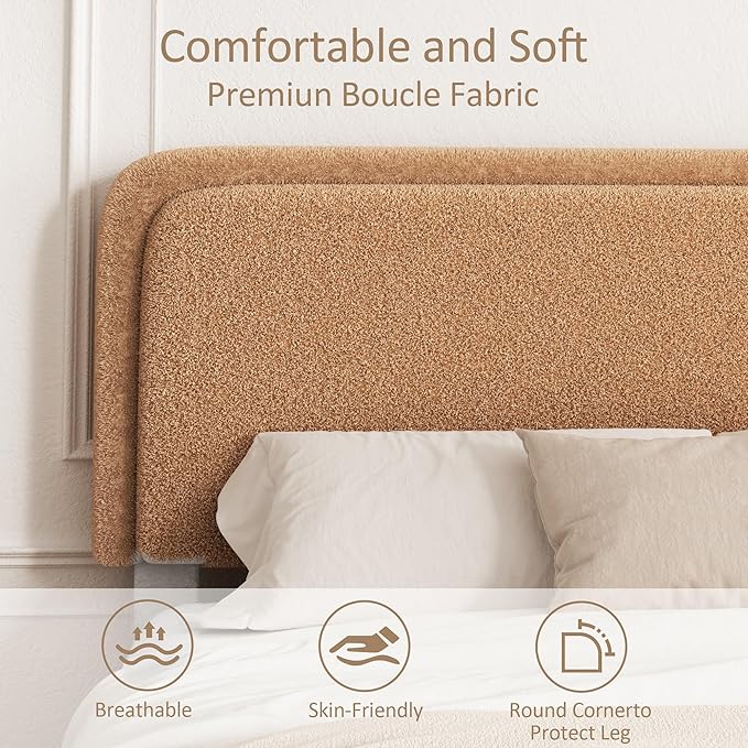 King Size Boucle Platform Bed Frame, Upholstered Cloud with Adjustable Headboard, Anti-Collision Soft Rounded Corners, No Box Spring Required, Easy Assembly, Noise Free