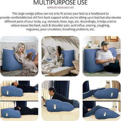 homecozy Wedge Headboard Pillow Dorm Room Reading Pillow Back Support for Sitting Up in Bed Bolster Lumbar Cushion Body Positioning Bedrest Cotton Linen 59in Blue Queen