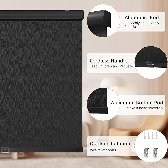 ChrisDowa Cordless Blackout Roller Shades for Windows, Striped Free-Stop Window Blinds with Privacy, Thermal Insulated Window Shades for Home, Office and Door. Black, 33" W x 72" H