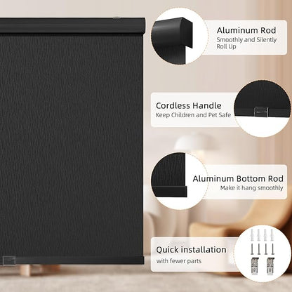 ChrisDowa Cordless Blackout Roller Shades for Windows, Striped Free-Stop Window Blinds with Privacy, Thermal Insulated Window Shades for Home, Office and Door. Black, 38" W x 72" H