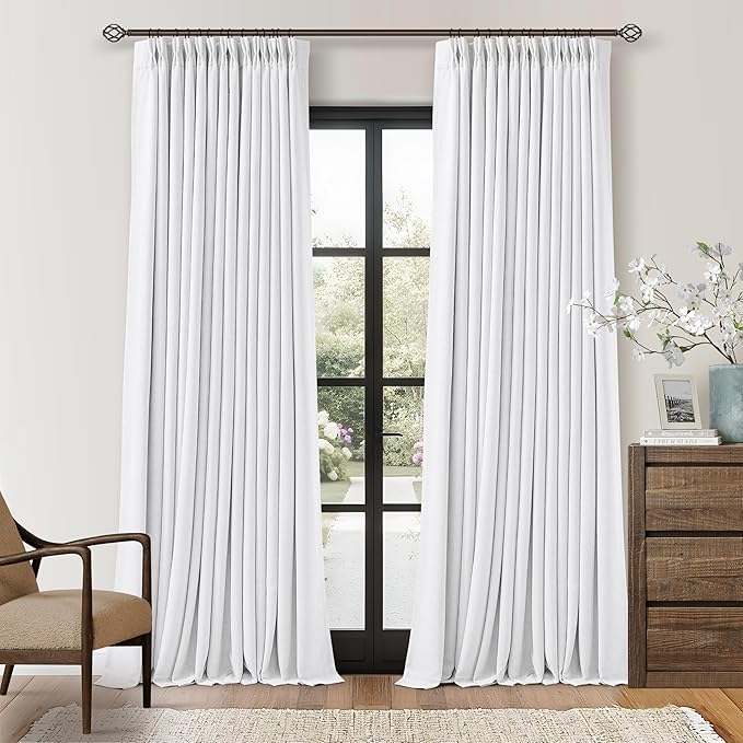 White Blackout Pinch Pleated Linen Curtains 105 Inches Long for Living Room 2 Panels Thermal Insulted Dual Layer Drapes Ceiling Floor Back Tab 105 Inch Window Curtains Bedroom Sliding Glass Door