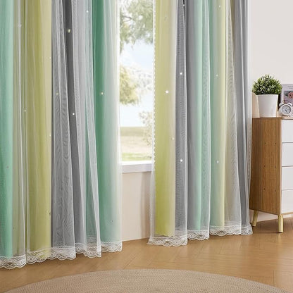 XiDi Curtains for Bedroom Decor, Rainbow GreenYellowGrey34/90/1