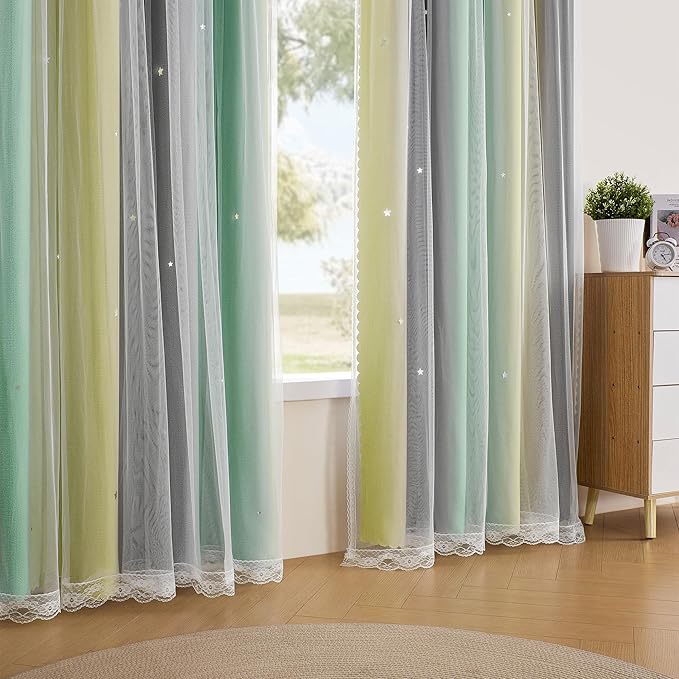 XiDi Yellow & Rainbow Curtains for Kids & Girls Room - Blackout, Grey & Green 34x84 Inch Long