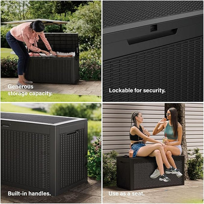 Outdoor Storage Box Waterproof, 200 Gallon Lockable Resin Large Deck Box, Patio Storage Bin for Pool Accessories Cushion Furniture, Garden Tools, UV-Resistant Outside Delivery, Black