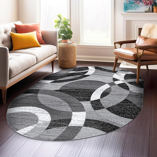 Rugshop Gray Modern Geometric Oval Rug, Abstract Circles, High-Traffic, Non-Shedding, for Living Room, Bedroom and Home Office, 5' x 7' Oval
