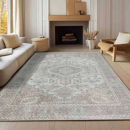 Machine Washable Rugs 6x9 Area Rugs for Living Room,Ultra Soft Low Pile Retro Rugs for Bedroom,Dining Room,Large Non Slip Carpet Vintage Distressed Accent Rug for Farmhouse Office Home Decor