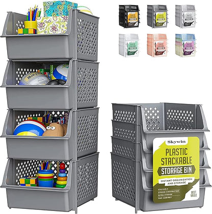 TidyFriend Plastic Stackable Storage Bins for Pantry, 4 Pack Stackable Bins For Organizing Food, Kitchen, and Bathroom Essentials (Grey)