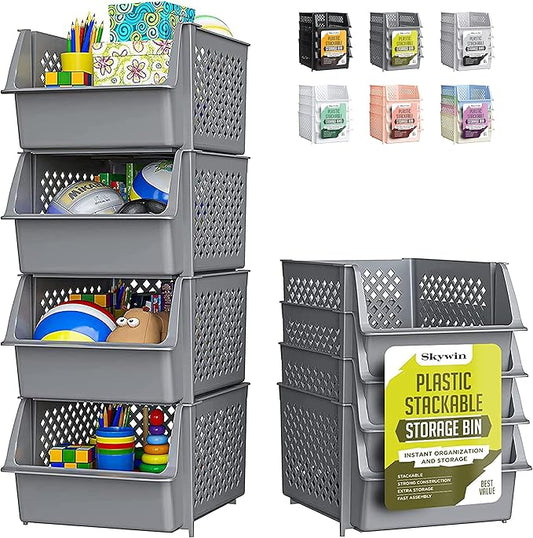 TidyFriend Plastic Stackable Storage Bins for Pantry, 4 Pack Stackable Bins For Organizing Food, Kitchen, and Bathroom Essentials (Grey)