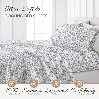 Linen Market 4 Piece King Sheet Set - Breathable, Double-Brushed Patterned Cooling Sheets – Oeko-TEX Certified Ultra Soft & Wrinkle-Free 16" Deep-Pocket King Sheets - Easy Care Burst of Vines Navy