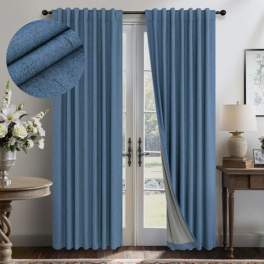 Denim Blue Living Room Black Out Curtains 63 Inch Long Insulated Thermal Darkening Kitchen Drape for Windows Over Sink Boho Linen Textured Blackout Curtain for Dining Room Kids Bedroom Basement Office