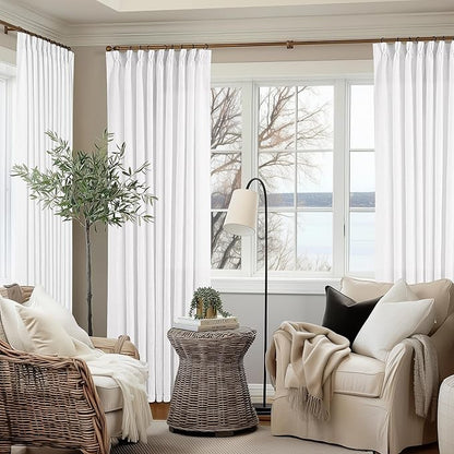 Pinch Pleated Extra Wide Linen Curtains 84 Inches Long for Patio Sliding Glass Door White 60 Inch Wide Pleated Drapes with Hooks Rings Neutral Semi Sheer 60x84 Curtain for Living Room 1 Panel
