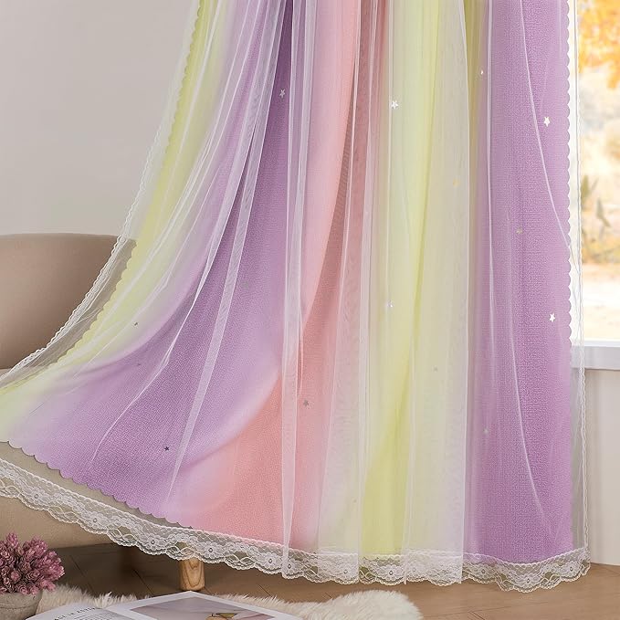 XiDi Curtains for Bedroom Decor, Rainbow Pink PurpleYellow52/54/1