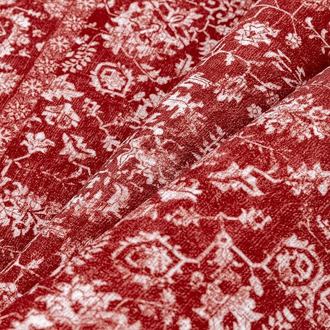 Christmas Area Rug 5x7 Red Washable Living Room Carpet Retro Distressed Floral Holiday Decor Rug Non Slip Soft Decorative Xmas Doormat for Bedroom Office Dining Room Bathroom Kitchen