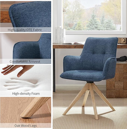 Art Leon Office Chairs Set of 2 - Mid Century Modern Desk Chair No Wheels, Fabric Upholstered Swivel Accent Chair with Oak Wood Legs, Blue