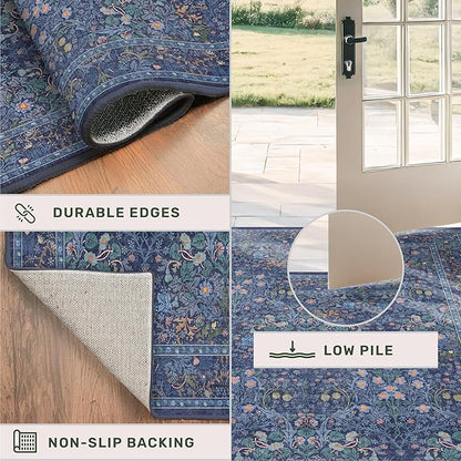 Dark Blue Living Room Rug 8x10, Vintage Floral Washable Area Rugs for Bedroom, Dining Room Under Kitchen Table, Oriental Low Pile Stain Resistant Non-Slip Large Navy Decor