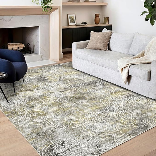 3x5 Rug, Small Area Rug for Living Room, Bedroom, Kitchen, Machine Washable Non-Slip Throw Rug, Modern Abstract Carpet for Entryway Nursery Coffee Table - Durable (Mustard)