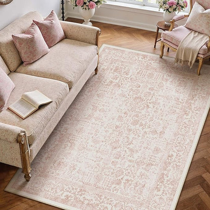 Pink Area Rug 5x8 Machine Washable Vintage Living Room Distressed Non Slip Carpet Traditional Indoor Bedroom Retro Floral Accent Throw Large Rug Office Kitchen Bathroom Dining Room