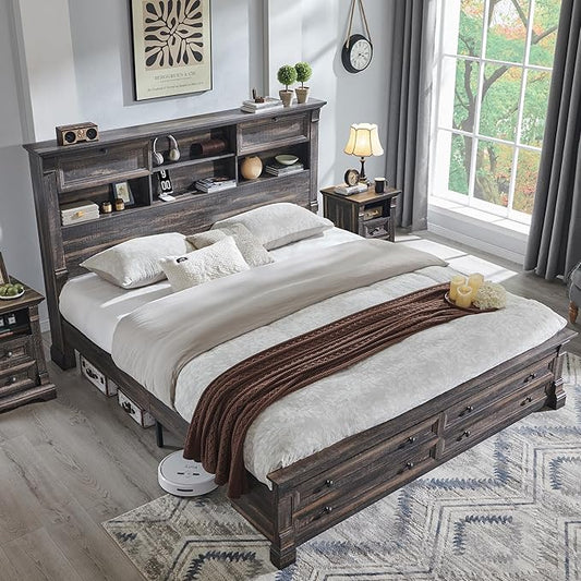 Farmhouse King Size Bed Frame with 54" Tall Storage Bookcase Headboard, Wood Platform Bed Frame with 18" Tall Roman Column Decoration Footboard & 2 Drawers, No Box Spring Needed(Dark Rustic Oak)