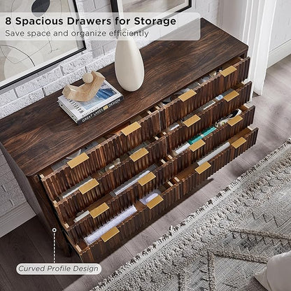 T4TREAM Fluted 8 Drawers Dresser, 54" Wide Modern Chest of Drawers, Curved Profile Design, Dresser TV Stand, Wood Drawer Organizer for Bedroom, Living Room, Hallway, Dark Walnut