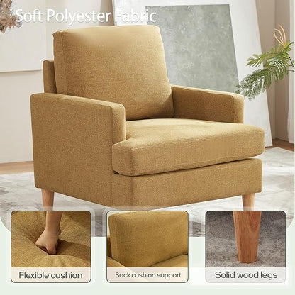 VKNOW Mid-Century Accent Chair, No Tools Assembly Required, Modern Upholstered Polyester Armchair for Living Room,Comfy Reading Accent Chairs with Wood Legs for Bedroom, Yellow