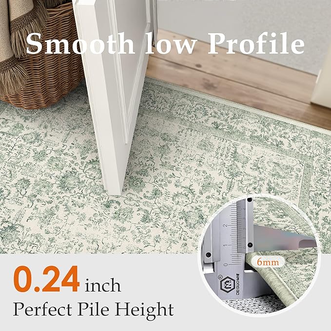 Sage Green Area Rug 4x5 Washable Office Entryway Carpet Vintage Distressed Non Slip Kitchen Indoor Entry Neutral Low Pile Retro Floral Farmhouse Throw Mat for Laundry Dining Room Bedroom