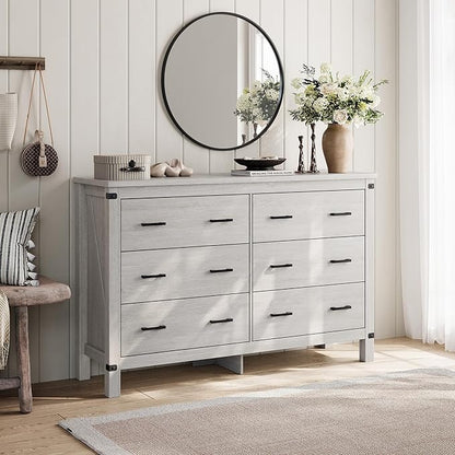 LINSY HOME Farmhouse 6 Drawer Double Dresser for Bedroom, 53” Wide Rustic Wood Chest with Deep Drawers, Modern Dressers with Storage and Metal Handles for Closet, Living Room, Hallway, Wash Grey