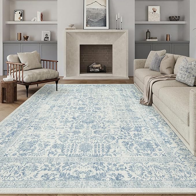 Blue Area Rug 6x9 Machine Washable Vintage Living Room Distressed Non Slip Carpet Traditional Indoor Bedroom Retro Floral Accent Throw Large Rug for Office Kitchen Dining Room