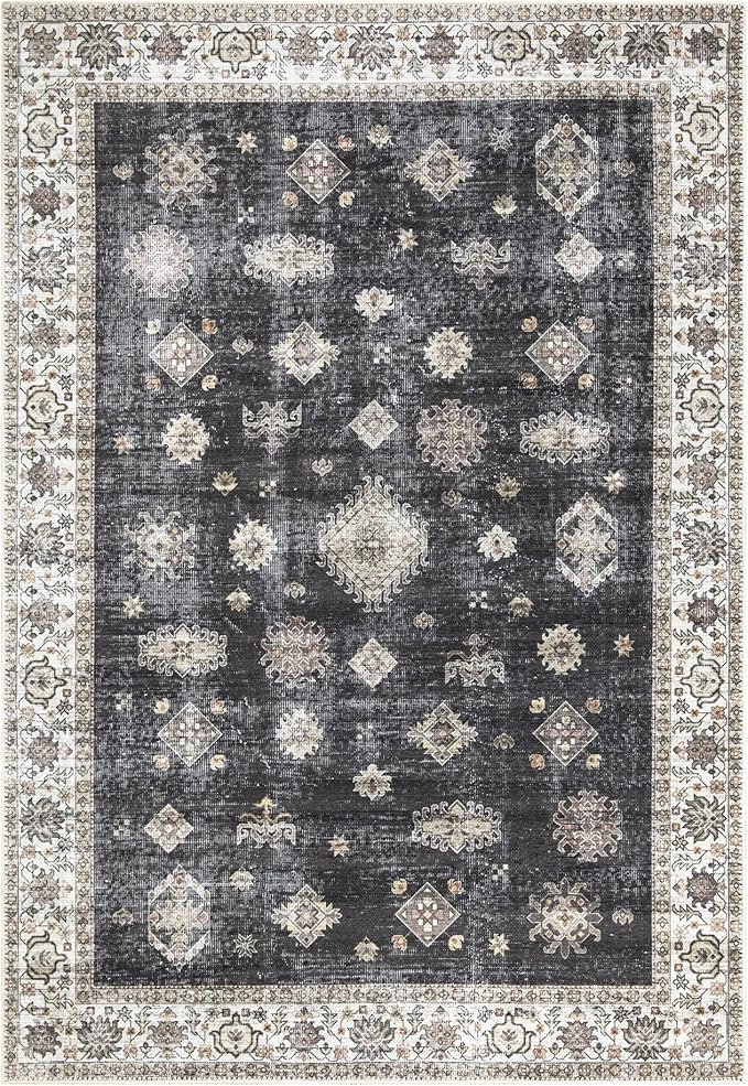 Bloom Rugs Washable Non-Slip 4' x 6' Rug - Black/Ivory Traditional Area Rug for Living Room, Bedroom, Dining Room, and Kitchen - Exact Size: 4' x 6'