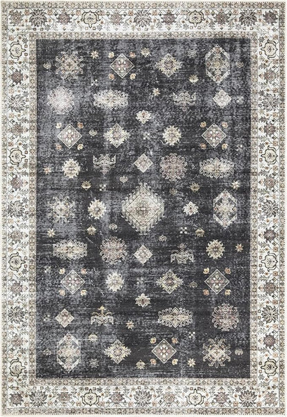 Bloom Rugs Washable Non-Slip 6' x 9' Rug - Black/Ivory Traditional Area Rug for Living Room, Bedroom, Dining Room, and Kitchen - Exact Size: 6' x 9'