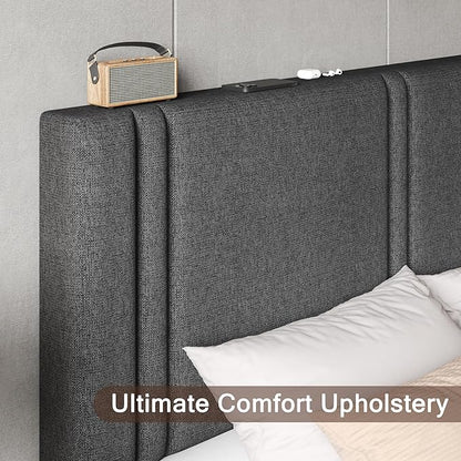 Upholstered King Size Bed Frame with Linen Fabric Headboard, Strong Wooden Slats Support, Noise Free, No Box Spring Needed, Dark Grey