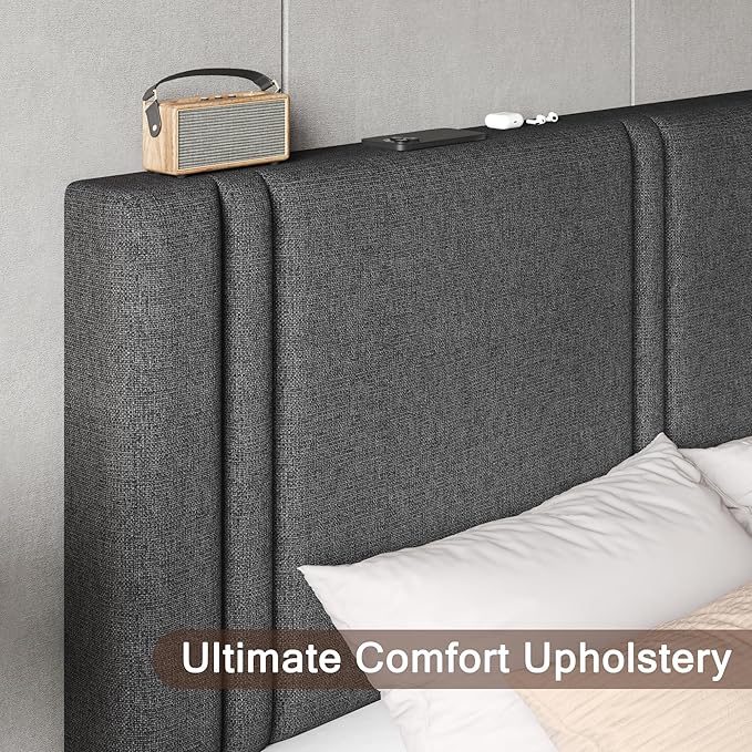 Upholstered Full Size Bed Frame with Linen Fabric Headboard, Strong Wooden Slats Support, Noise Free, No Box Spring Needed, Dark Grey